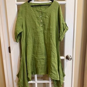 M-Made in Italy 100% Linen Roll Sleeve Tab Green Dress Pearl Button Size M/L